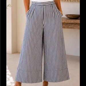 Striped linen Wide-Leg Cropped pull on Pants - Blue/White